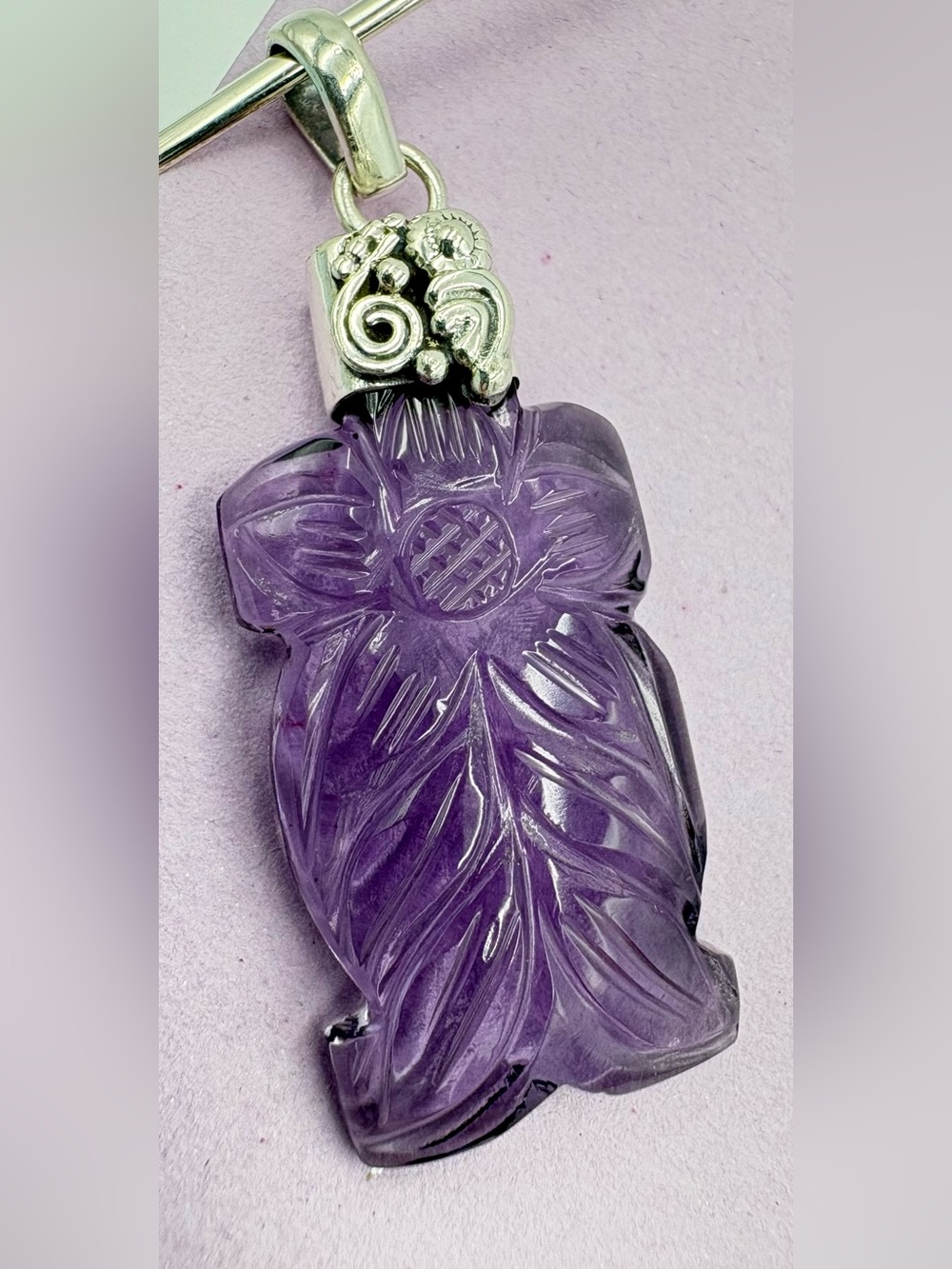 Genuine Sterling Silver Hand Carved 24 Ct Amethyst Floral Pendant - Pendant Only